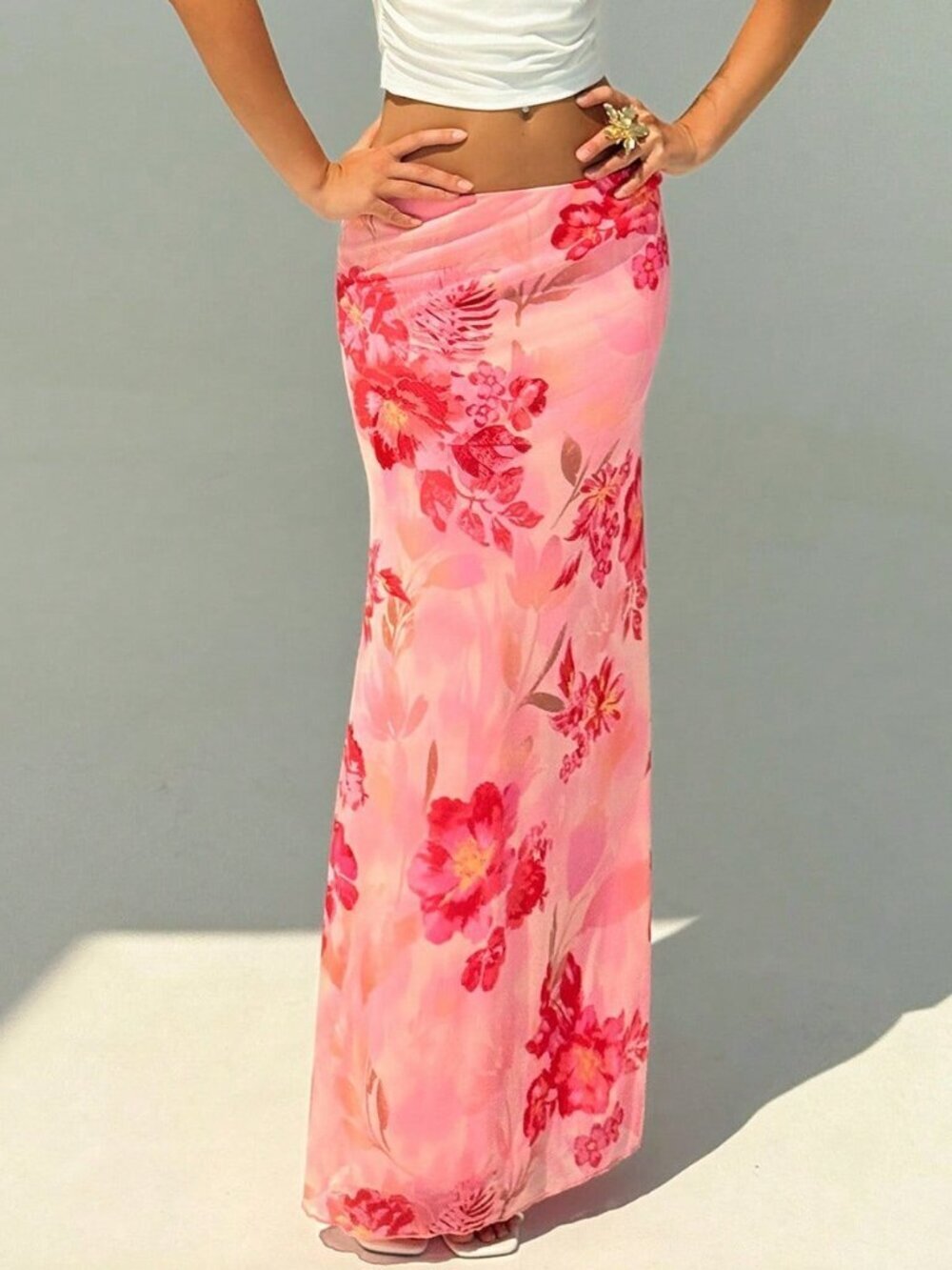 Pink Boho Women's Elegant Floral Print Low Waist Skirt